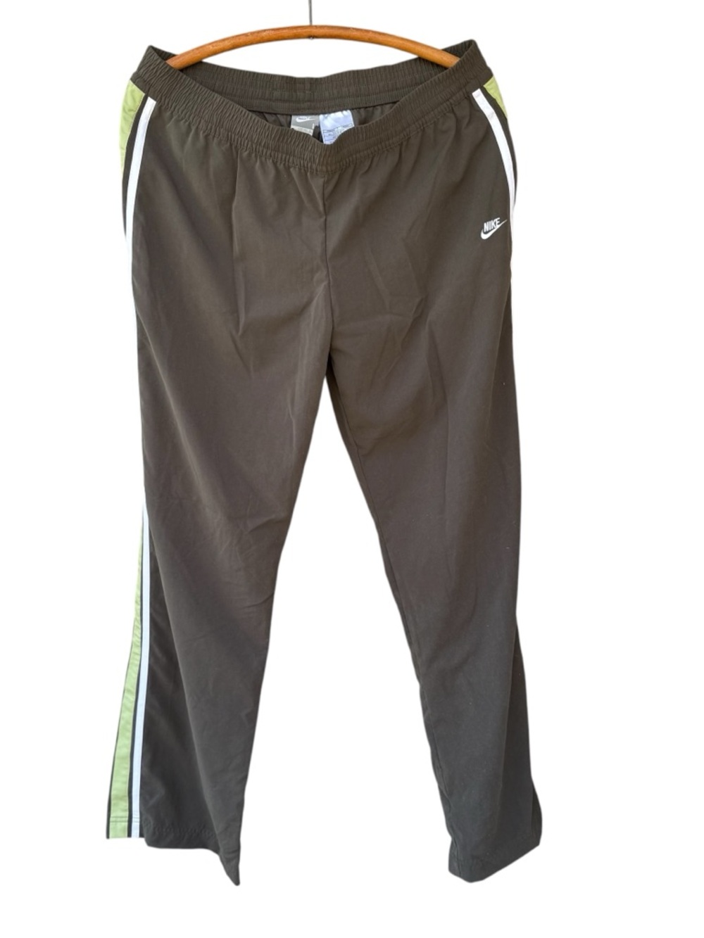 NIKE Men’s Olive Green Track Pants with White & Lime Side Stripes, Size L